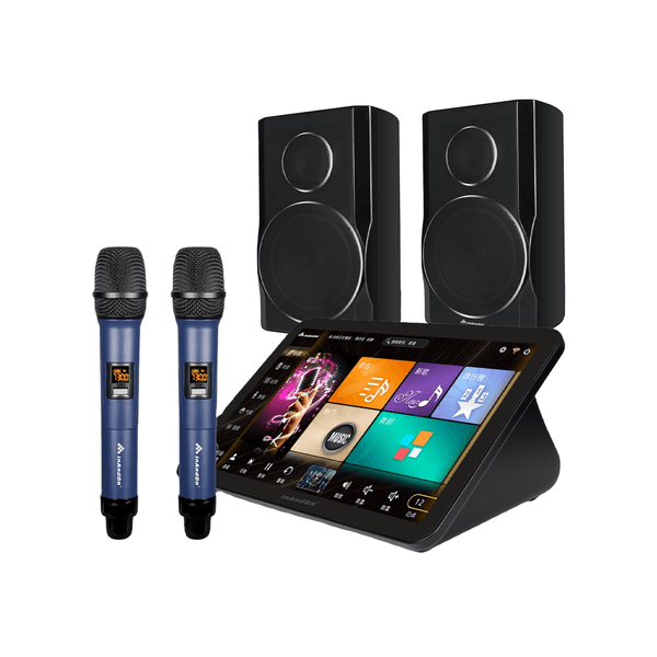 Karaoke System with Touch Screen Display, Speaker Set, and Dual Wireless Mics