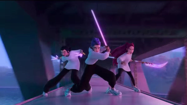 Huntr/x girls (Zoey, Rumi, and Mira) with their weapons on top of a train, ready to fight.