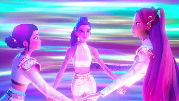 The Huntr/x girls (Zoey, Rumi, and Mira) holding hands in a circle, surrounded by colors symbolizing power.