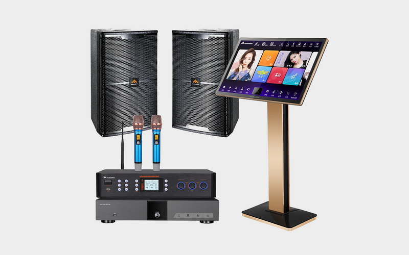 full karaoke system with touchscreen and stand, amplifier, speakers and microphones